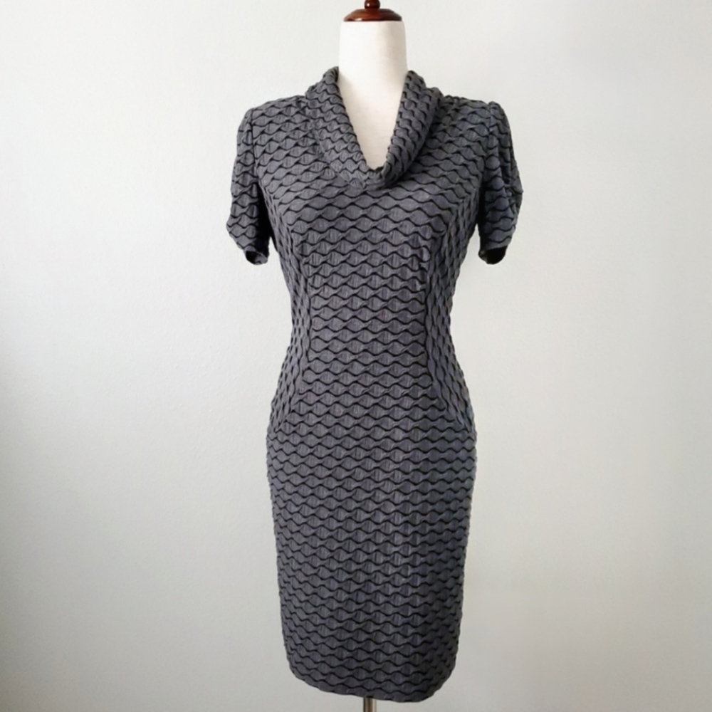 Evan-Picone Sexy Fitted Gray Shift Dress With Short Ruched Sleeve, Size 8 Petite